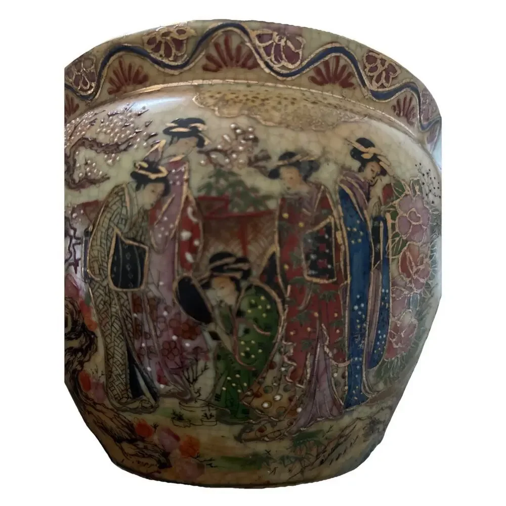 Satsuma Hand Painted Porcelain Planter Fish Bowl Geisha Girl Koi 5” X 6.5”